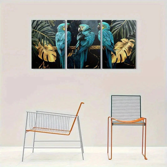 3pcs Modern Blue Parrot & Golden Leaves Metal Print Ready to Hang Art