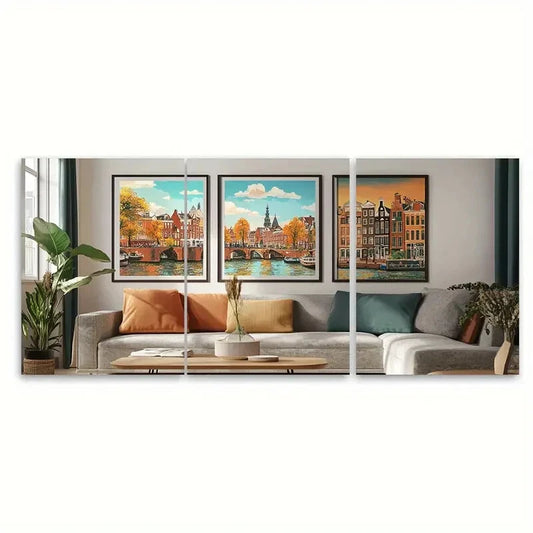 3pcs Amsterdam Canal Scene Vibrant Houses Metal Print Ready to Hang Art