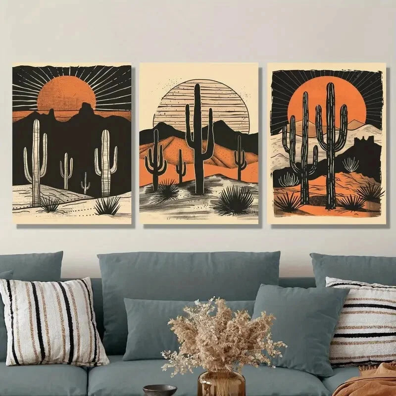3pcs Desert Cactus Sunset Metal Print Ready to Hang Art