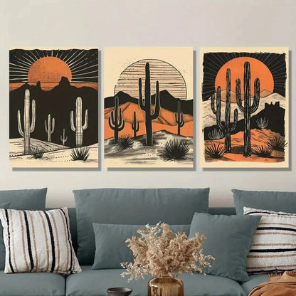 3pcs Desert Cactus Sunset Metal Print Ready to Hang Art