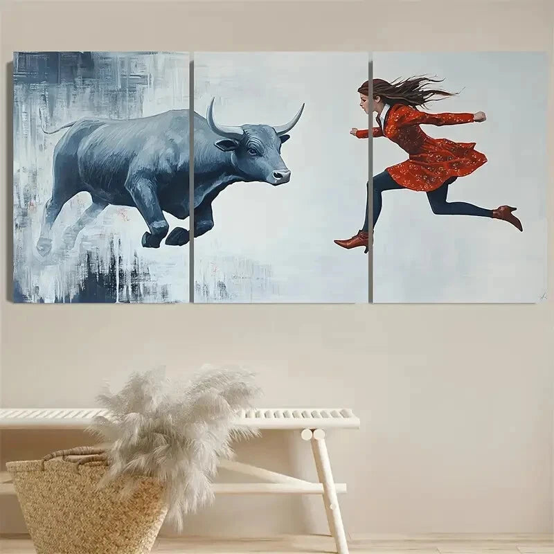 3pcs Bull vs Girl Office Business Illustration Metal Print Ready to Hang Art
