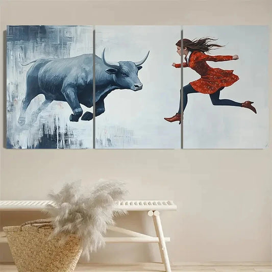3pcs Bull vs Girl Office Business Illustration Metal Print Ready to Hang Art