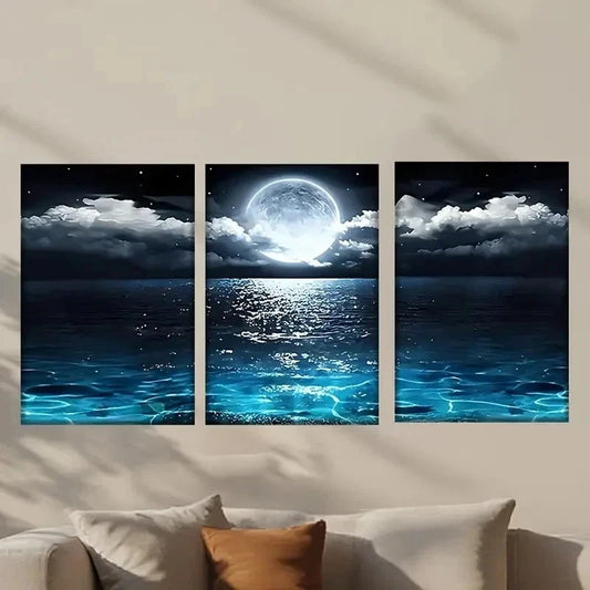 3pcs Full Moon Over Ocean with Clouds Wall Art Set Canvas Framed 40x60cm - High Quality Print 100% Australian Made Wall Canvas Ready to Hang