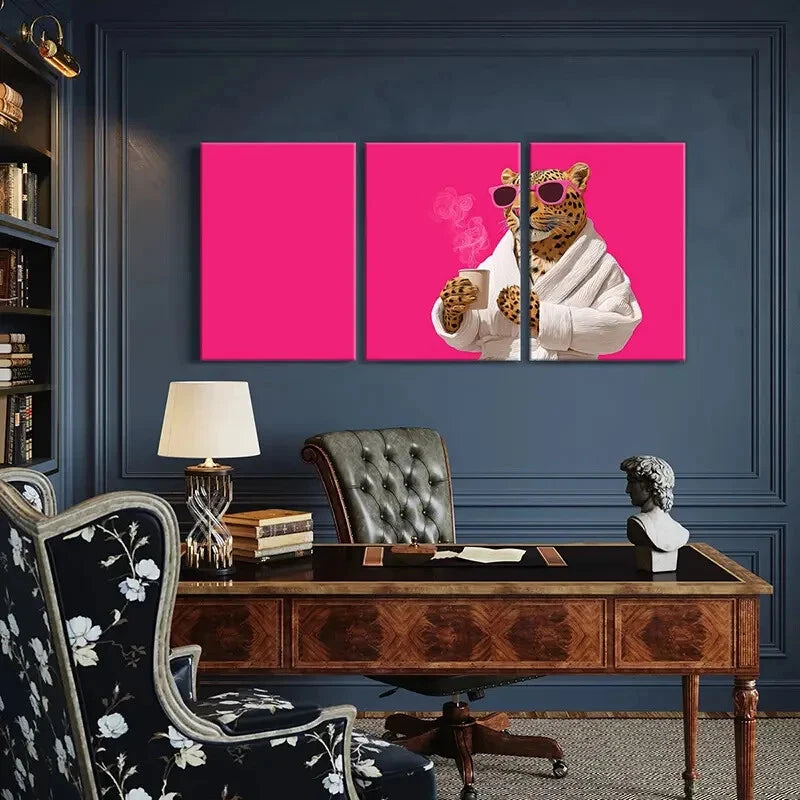 3pcs Artistic Leopard Wearing Glasses Holding CoffeMetal Print Ready to Hang Art