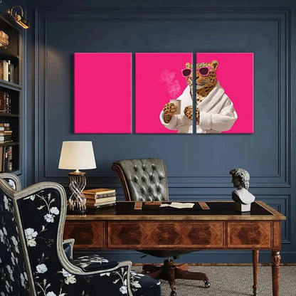 3pcs Artistic Leopard Wearing Glasses Holding CoffeMetal Print Ready to Hang Art