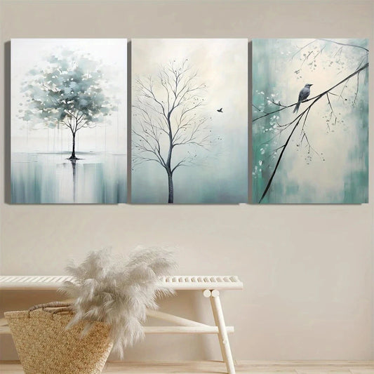 Three-panel wall art set with trees and birds on a light background