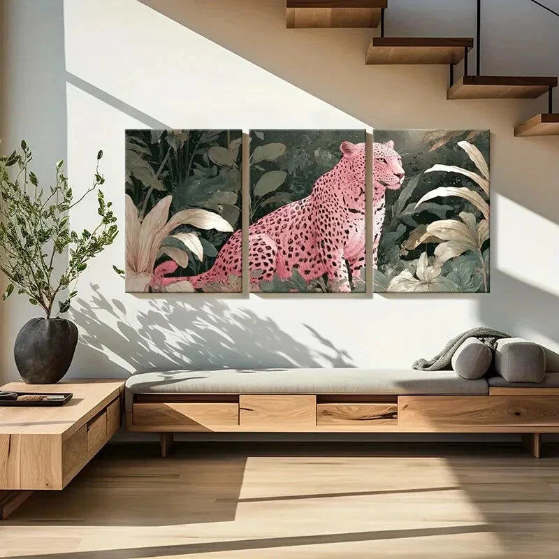 3pcs Artistic Pink Leopard Jungle Scene Metal Print Ready to Hang Art