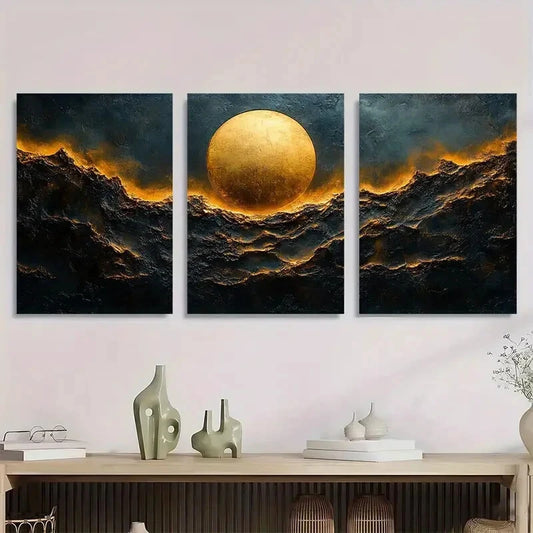 3pcs Abstract Metallic Circle Golden Theme Metal Print Ready to Hang Art