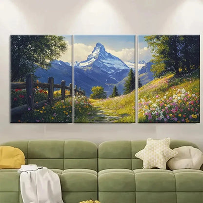 3pcs Oil Painting with Matterhorn Wildflowers Metal Print Ready to Hang Art