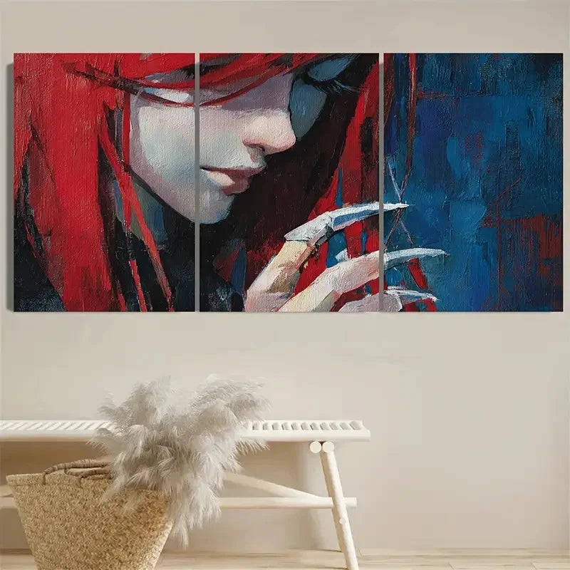 3pcs Anime Girl With Red Hair And Claws Art Wall Art Set Canvas Framed 40x60cm - High Quality Print 100% Australian Made Wall Canvas Ready to Hang