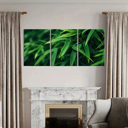 3pcs Green Bamboo Leaves Dew Drops Nature Metal Print Ready to Hang Art