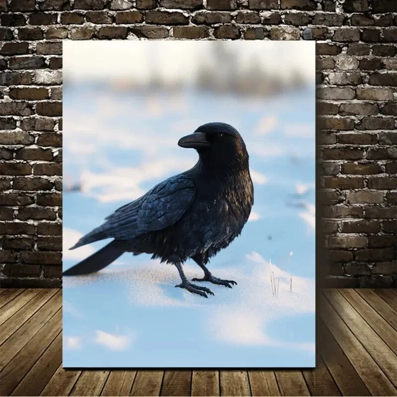 Medieval Style Crow on Snow Painting  40x60cm Metal Print Ready to Hang