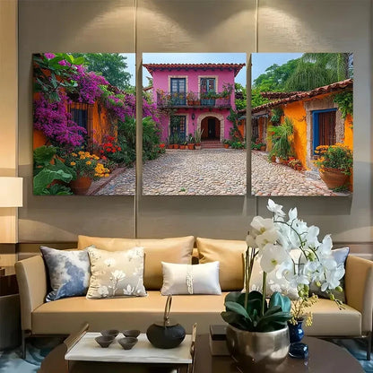 3pcs Vibrant Mexican Courtyard Design Metal Print Ready to Hang Art
