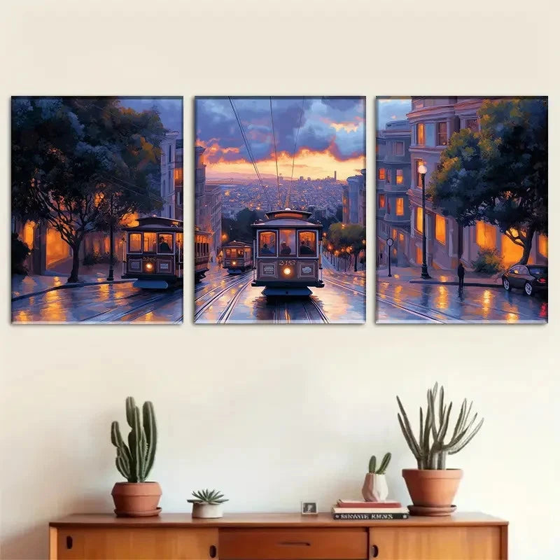 3pcs San Francisco Cable Car at Sunset Metal Print Ready to Hang Art