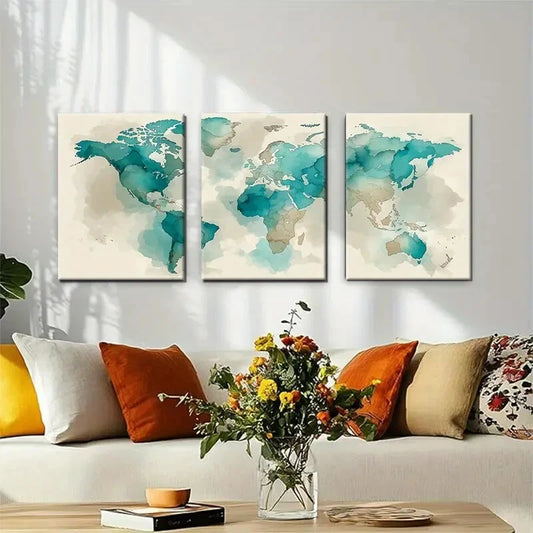 3pcs Abstract Global Map Teal and Beige Tones Metal Print Ready to Hang Art
