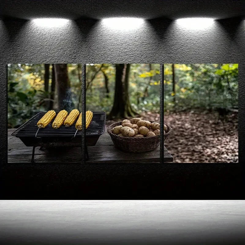 3pcs Outdoor Barbecue in Forest Scene Metal Print Ready to Hang Art