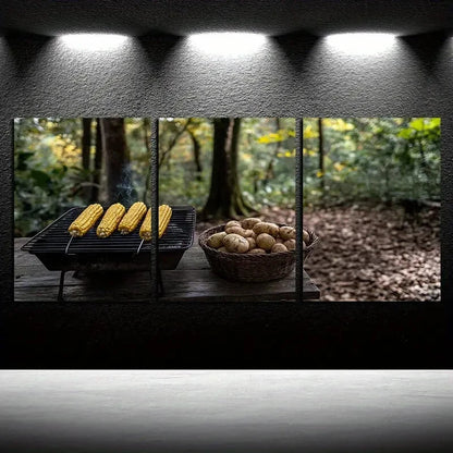 3pcs Outdoor Barbecue in Forest Scene Metal Print Ready to Hang Art