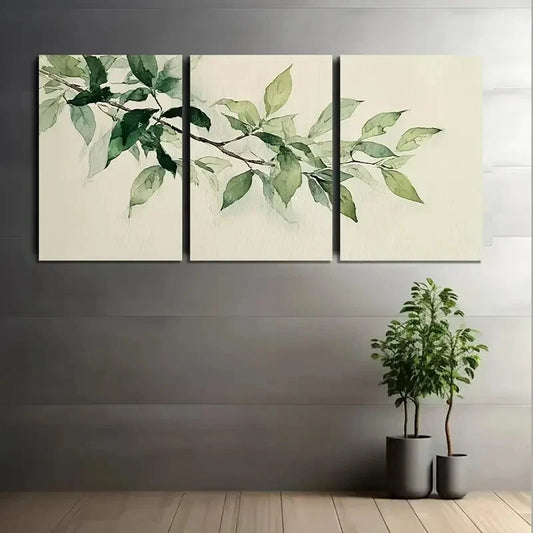 3pcs Watercolor Green Leaves on Branch Metal Print Ready to Hang Art