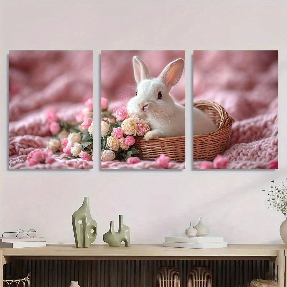 3pcs Adorable White Bunnies with Flower Basket Metal Print Ready to Hang Art
