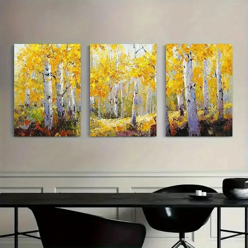 3pcs Autumn Aspen Grove Oil Painting Poster Metal Print Ready to Hang Art