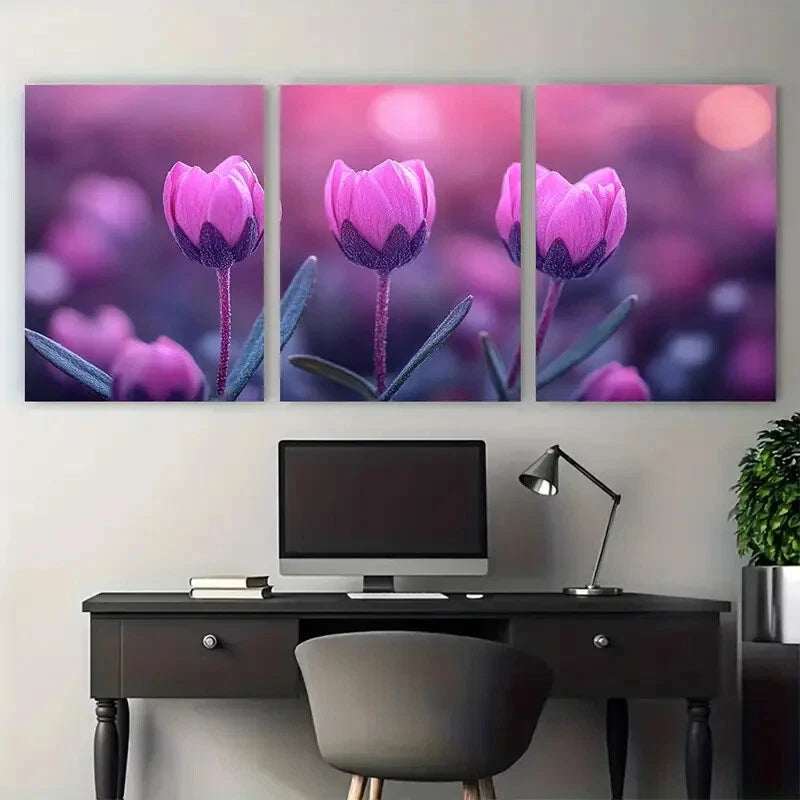3pcs Small Purple Pink Flower Buds Metal Print Ready to Hang Art