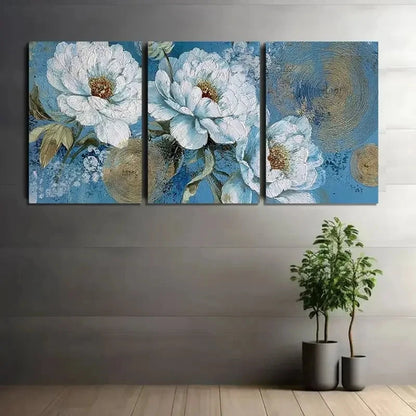 3pcs Golden and Blue Floral Design Metal Print Ready to Hang Art