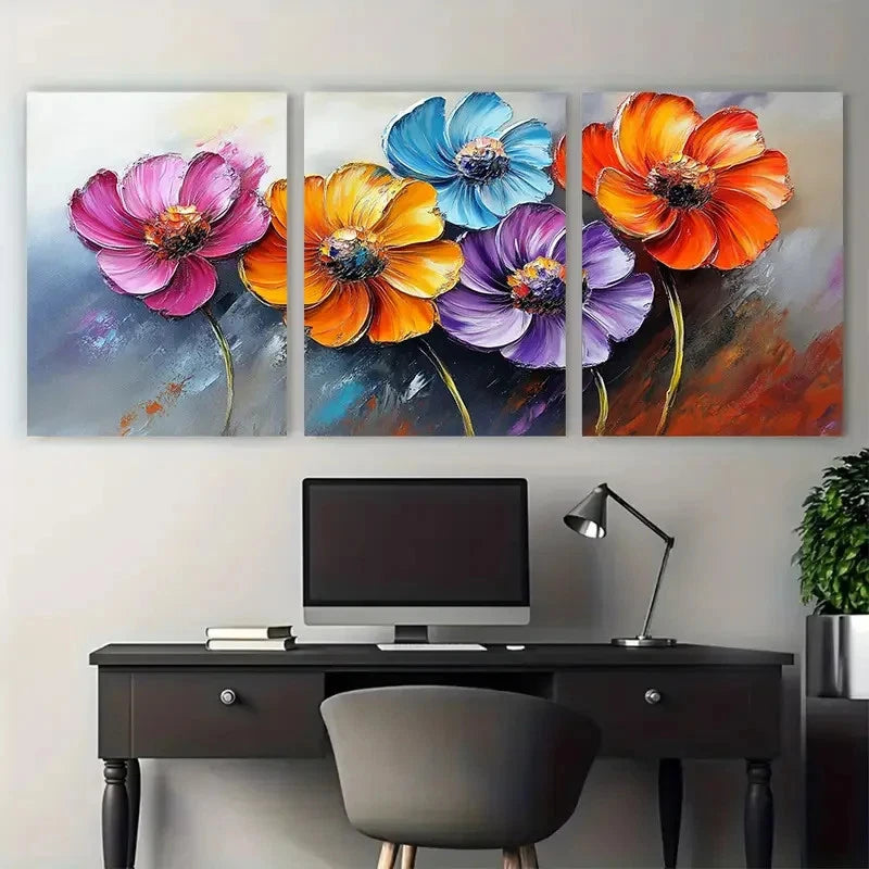 3pcs Large Colorful Flower Abstract Impasto Design Metal Print Ready to Hang Art