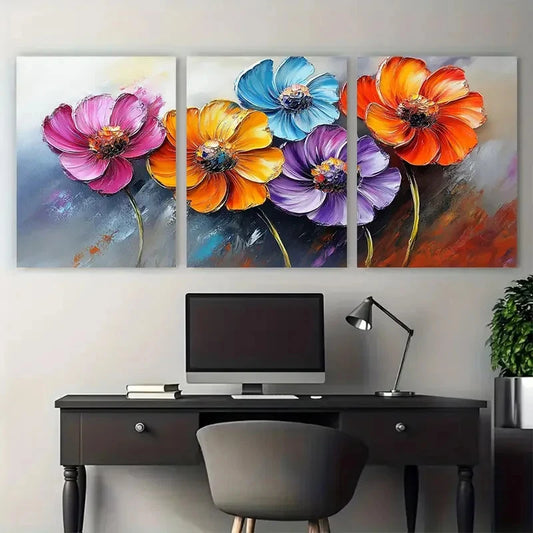 3pcs Large Colorful Flower Abstract Impasto Design Metal Print Ready to Hang Art