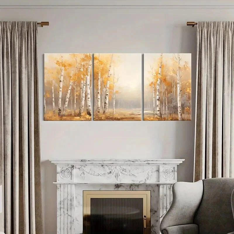3pcs Autumn Forest Birch Trees Golden Leaves Metal Print Ready to Hang Art