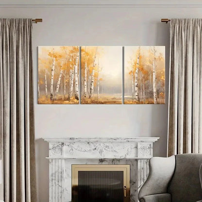 3pcs Autumn Forest Birch Trees Golden Leaves Metal Print Ready to Hang Art