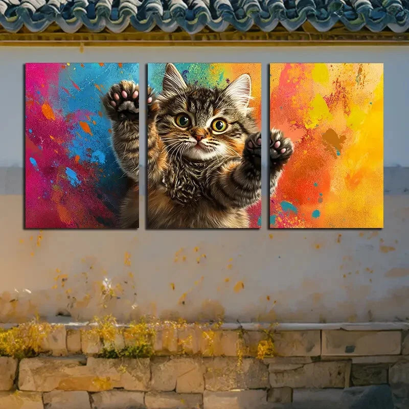 3pcs Vibrant Charming Cat & Hand Design Metal Print Ready to Hang Art