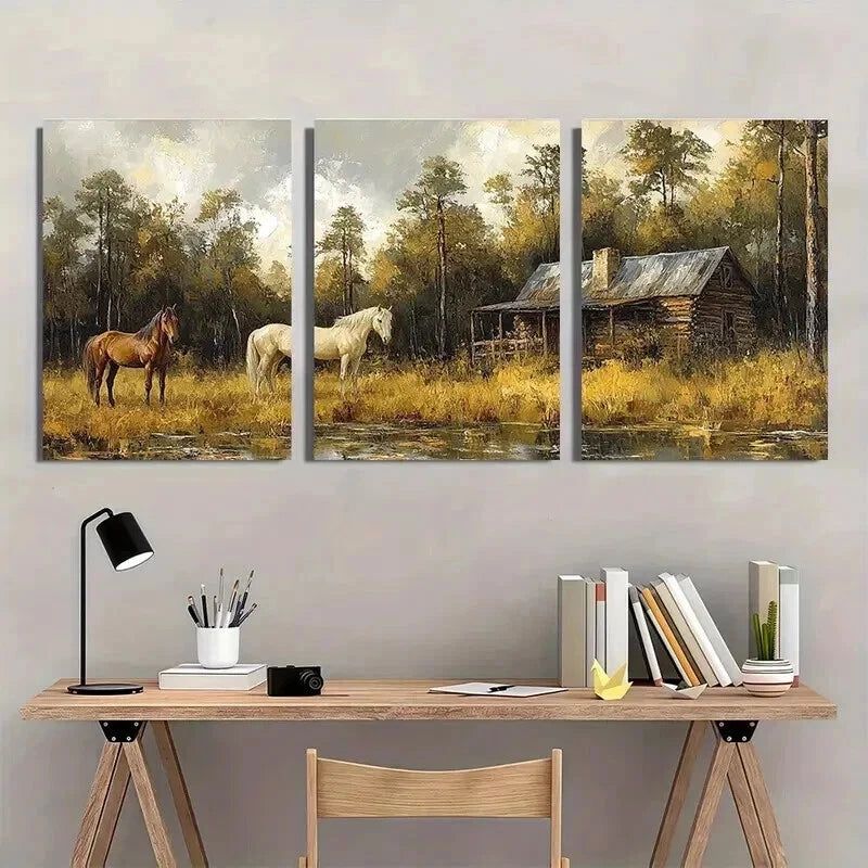 3pcs Green Forest Cabin Horse Abstract Painting Wall Art Set Canvas Framed 40x60cm - High Quality Print 100% Australian Made Wall Canvas Ready to Hang