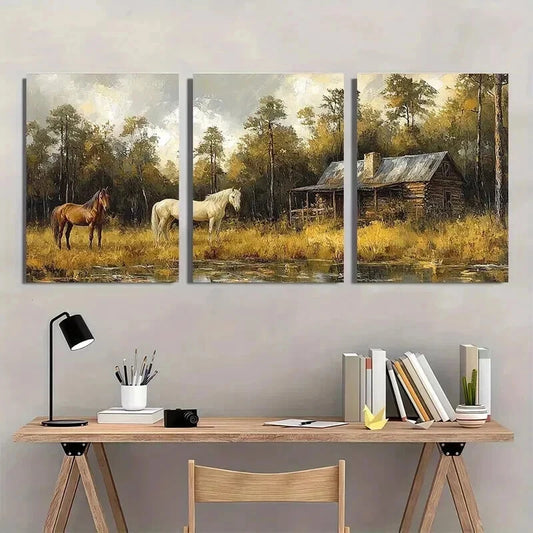 3pcs Green Forest Cabin Horse Abstract Painting Wall Art Set Canvas Framed 40x60cm - High Quality Print 100% Australian Made Wall Canvas Ready to Hang