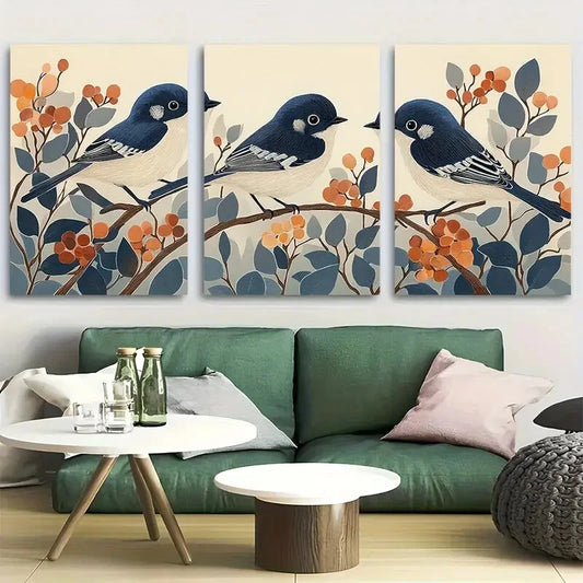 3pcs Linocut Bird Scandinavian Metal Print Ready to Hang Art