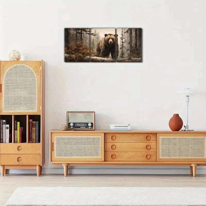 3pcs Grizzly Bear in Foggy Forest Animal Portrait Metal Print Ready to Hang Art