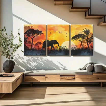 3pcs African Sunset Silhouette Elephant Landscape Metal Print Ready to Hang Art