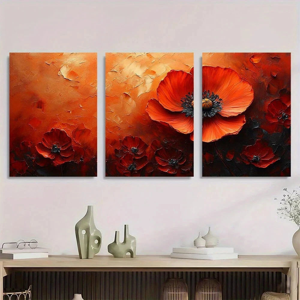 3pcs Vibrant Poppy Flower Modern Floral Metal Print Ready to Hang Art