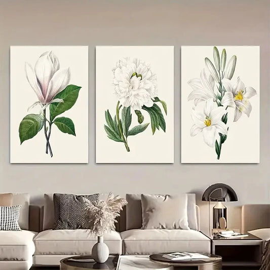 3pcs Elegant White Flower Botanical Print Metal Print Ready to Hang Art