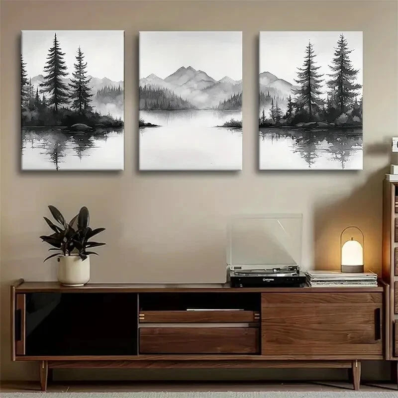 3pcs Black and White Forest Nature Misty Perfect Wall Art Set Canvas Framed 40x60cm - High Quality Print 100% Australian Made Wall Canvas Ready to Hang