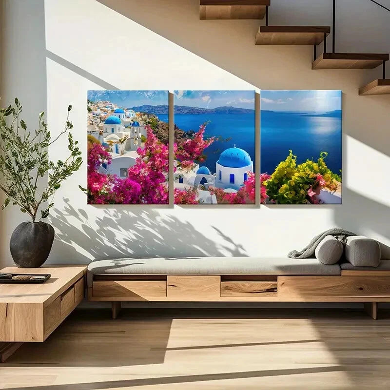 3pcs Santorini Landscape White Buildings Metal Print Ready to Hang Art