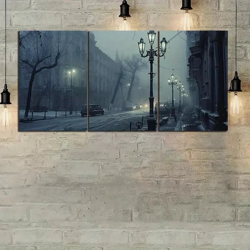 3pcs City in Fog At Night Canvas Framed 60x90 cm - High Quality Print 100% Australian Made Wall Canvas Ready to Hang