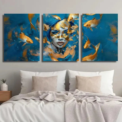 3pcs Golden And Blue Koi Fish Girl Décor Perfect Wall Art Set Canvas Framed 40x60cm - High Quality Print 100% Australian Made Wall Canvas Ready to Hang