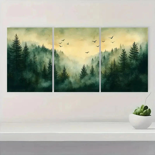 3pcs Pine Tree Forest Watercolor Landscape Art Metal Print Ready to Hang Art