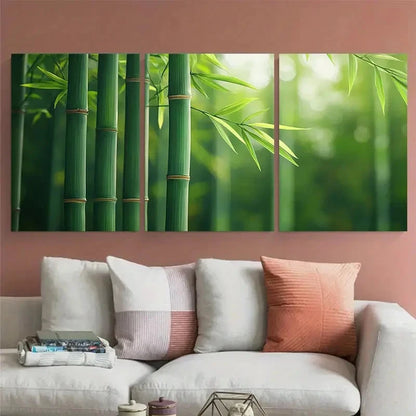 3pcs Vibrant Green Bamboo Nature Illustration Wall Art Set Canvas Framed 40x60cm - High Quality Print 100% Australian Made Wall Canvas Ready to Hang