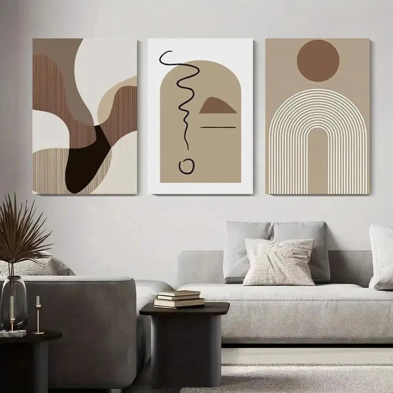 3pcs Abstract Beige Geometric Metal Print Ready to Hang Art