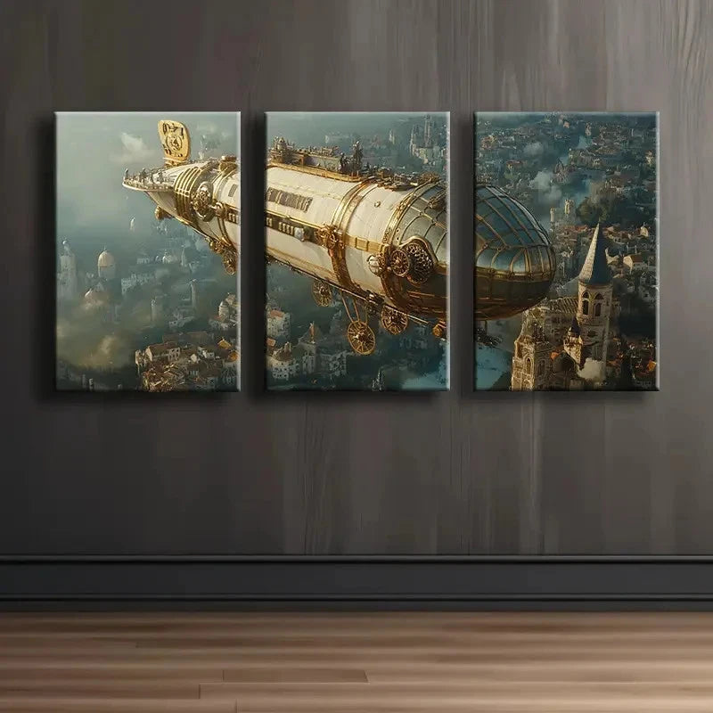 3pcs Steampunk Airship Vintage Style Wall Art Set Canvas Framed 60x90cm - High Quality Print 100% Australian Made Wall Canvas Ready to Hang
