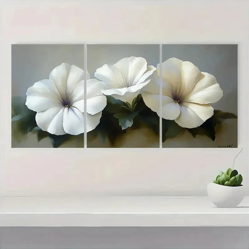 3pcs Serene Floral Elegant White Petunia Metal Print Ready to Hang Art