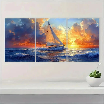 3pcs Vibrant Sunset Seascape Nautical Watercolor Metal Print Ready to Hang Art
