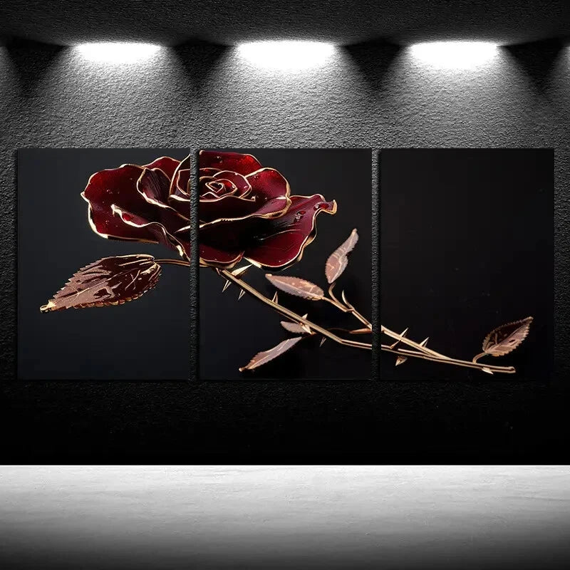 3pcs Modern Red and Golden Rose Illustration Metal Print Ready to Hang Art