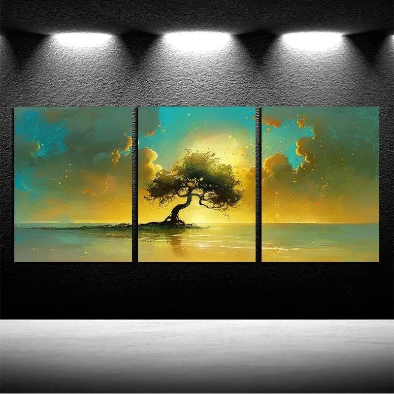 3pcs Vibrant Sunset Tree by the Lake Scene Wall Art Set Canvas Framed 60x90cm - High Quality Print 100% Australian Made Wall Canvas Ready to Hang